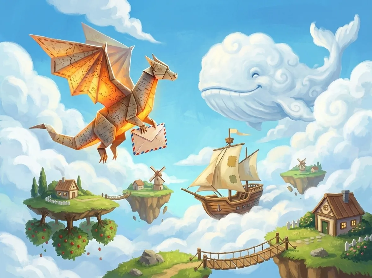 Floating sky islands, a wind-ship, and a smiling cloud-whale, with the paper dragon flying past
